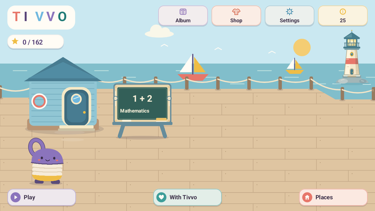 Tivvo in the lakeside harbour, with a house, sailing boats and a lighthouse